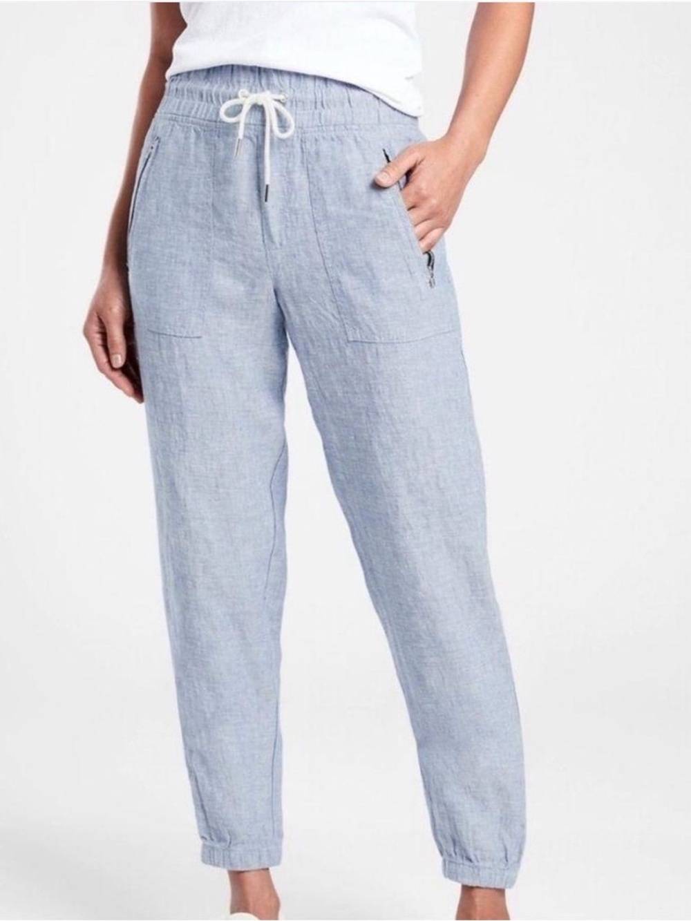 Athleta Cabo jogger Light Blue Drawstring Linen pants 10
